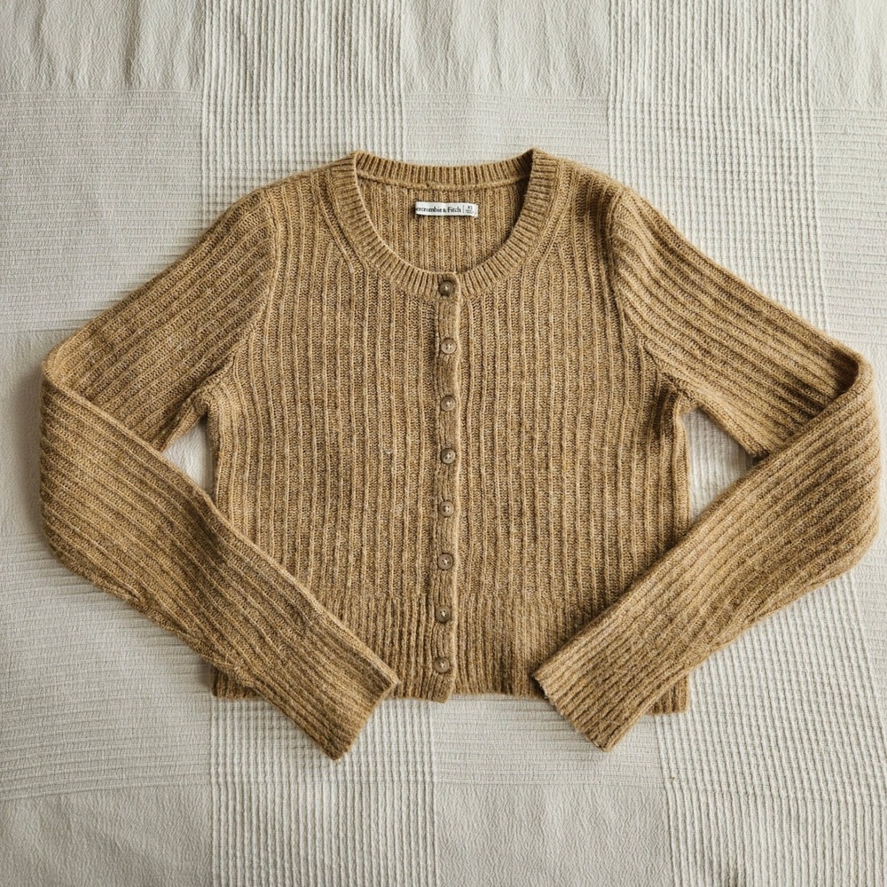 Abercrombie & Fitch Cable Knit Cropped Cardigan Sweater Tan Brown Women XS